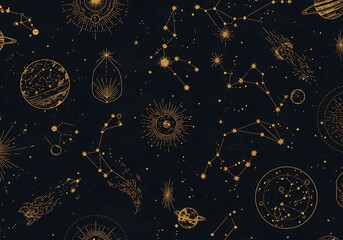 Mystical Golden Celestial Pattern on Dark Night Sky Background pattern