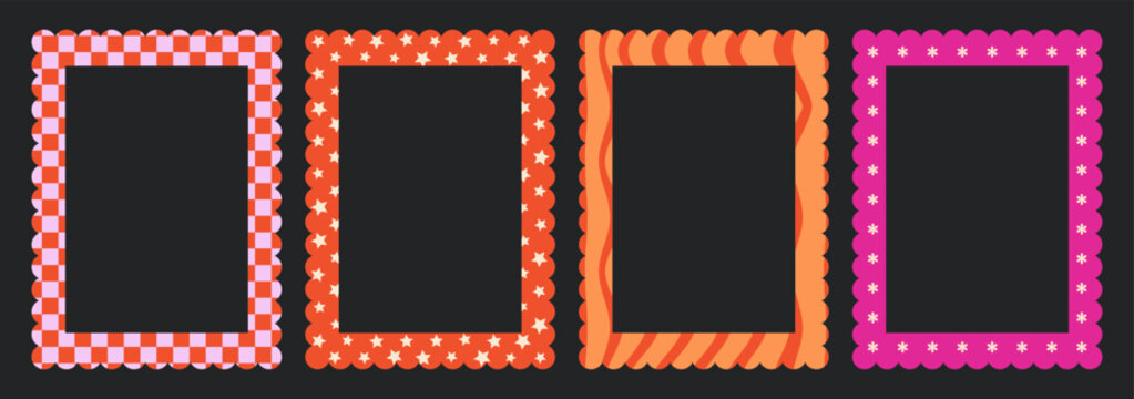 Set of groovy scalloped border frames with retro checkerboard and star patterns for playful design decoration
