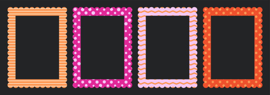 Collection of cute scalloped edge border frames with polka dot and wave patterns for greeting card decoration