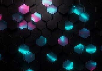 Abstract Dark Hexagonal Pattern with Neon Pink and Cyan Glowing Lights Background pattern