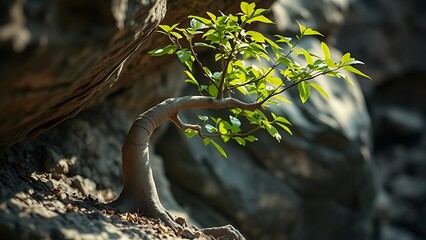 godliness. Young tree growing through rock crevice showing resilience in nature. ESG reports, sustainability campaigns, designed for environmental awareness campaigns, promotes sustainability.