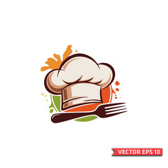 Tasty restaurant menu design featuring a vector illustration of a cartoon chef hat with a pizza and a sandwich symbol alongside a burger icon and meat sketches for a breakfast meal snack