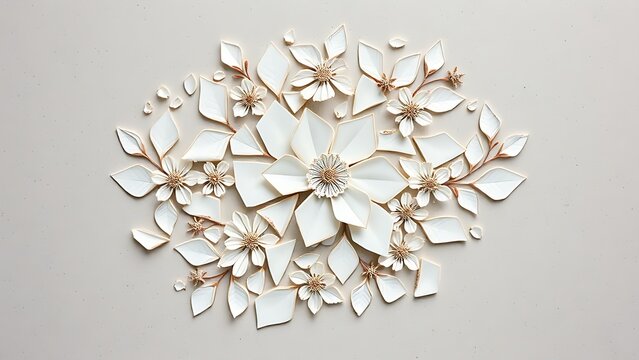 labdanum. Broken porcelain fragments reassembled into an elegant floral mosaic on a neutral surface, top-down view. menu design.