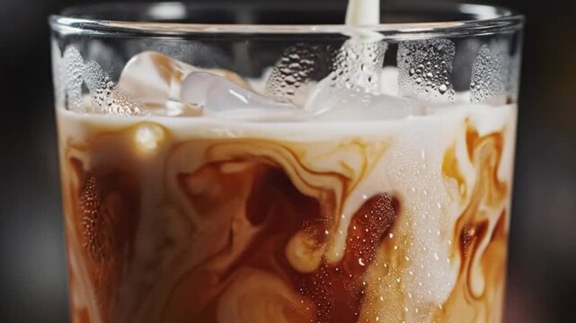 Pouring milk into glass with iced coffee and ice cubes close up. Mixing cream with cold brew beverage.