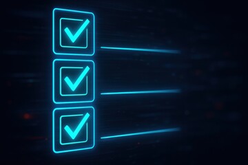 Fototapeta premium Futuristic digital checklist illuminated in neon blue, symbolizing task completion and efficiency in virtual project management. Concept of technology, organization, and productivity.