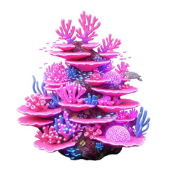 Vibrant pink coral reef ecosystem with purple sea fans and a small turtle swimming amidst colorful marine life on a Transparent background