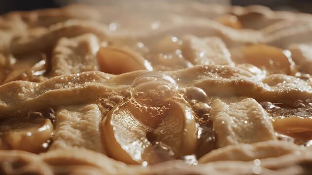 Close Up Apple Pie With Syrupy Apples Bubbling and Rising Steam Dessert
