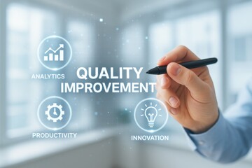 Fototapeta premium Business professional illustrating quality improvement strategies with analytics, productivity, and innovation concepts. Focus on digital transformation and data-driven decision making.