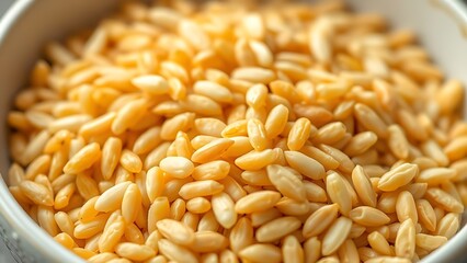 kamut. Close-up of a bowl containing cooked grains, highlighting their elongated shape. menu design, packaging mockups, designed for culinary blogs and recipe cards for restaurants.