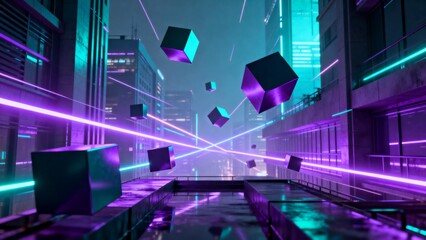 Futuristic cityscape with floating cubes