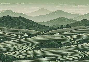 Serene Green Rice Terraces Carved into Rolling Mountain Landscape pattern