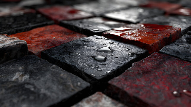 dark gray and black iphone wallpaper with square grid featuring toxic pink stone tiles wet with raindrops