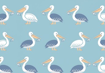Seamless Pattern of Adorable Pelicans with Fish on Blue Background pattern