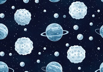 Seamless Pattern of Cartoon Planets and Moons in Deep Space Background pattern