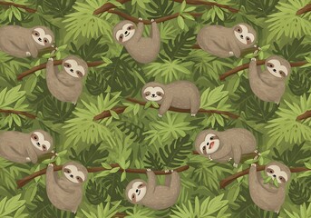 Seamless Pattern of Cute Sloths Hanging in Lush Tropical Jungle Foliage pattern