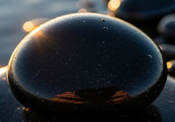 Glistening obsidian stones juxtaposed against the soft luminance of twilight