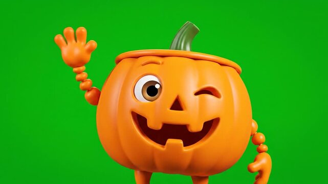 A cheerful animated pumpkin character with a one-eyed wink on a green screen