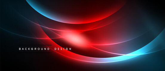 Abstract neon lines create dynamic flow. Red, blue hues dominate dark background. Modern design element for digital projects.