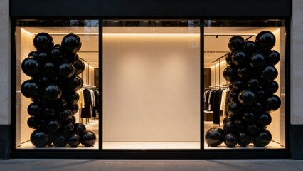 Storefront with black balloons and clothing
