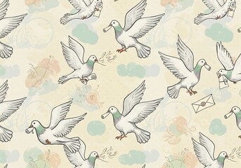 Seamless Vintage Pattern of Messenger Pigeons Flying with Messages pattern