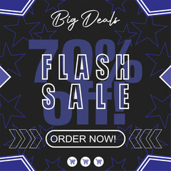 Big Deals Flash Sale discount Off Banner. Dark blue and black background with stars pattern. Vector marketing design with shopping icons.
