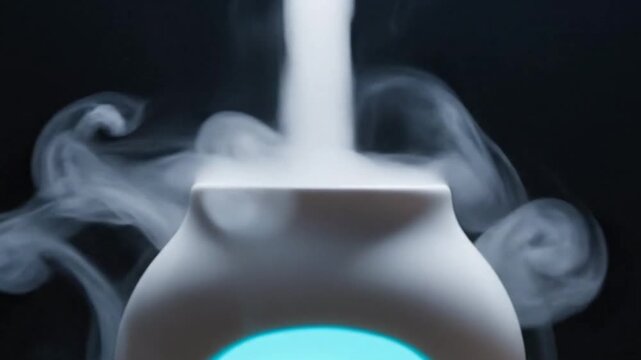Close up of white aroma oil diffuser releasing steam on black background
