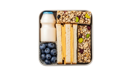 Healthy lunch box with sandwich blueberries milk and granola bars transparent background