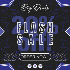 Big Deals Flash Sale discount Off Banner. Dark blue and black background with stars pattern. Vector marketing design with shopping icons.
