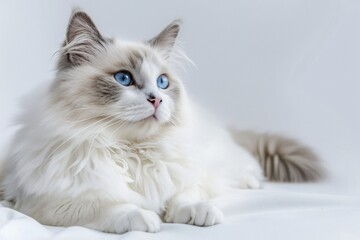 Portrait of a beautiful fluffy Ragdoll cat with blue eyes lying on white background.