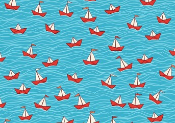 Seamless Pattern of Whimsical Red Paper Boats Floating on Bright Blue Wavy Water pattern