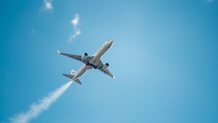 Fototapeta premium contrails. Airplane soaring upward through blue sky leaving white contrails against soft cloud backdrop. mobility guides, transit brochures, designed for transport & logistics marketing.