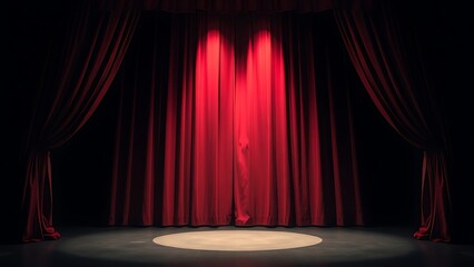 mortification. Theater curtain rises on an empty stage under a single dramatic spotlight. event programs, museum guides, designed for cultural heritage projects and event programs.