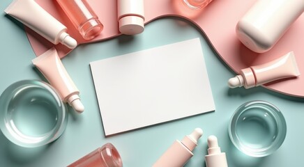 Table with a lot of different skin care products gift card concept copy space