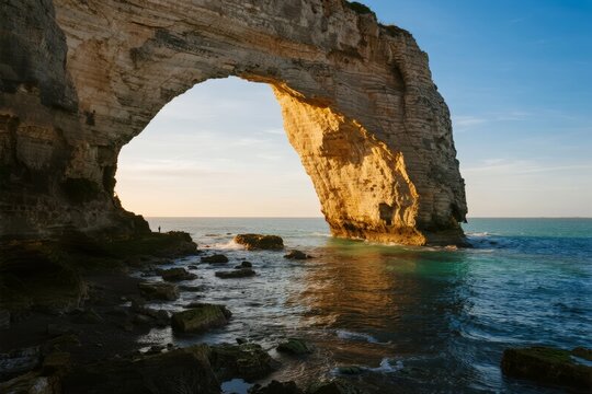 Natural rock arch formation overlooking the ocean at sunset - Powered by Adobe