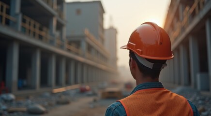 Construction worker in orange vest and hard hat talking on cell phone
