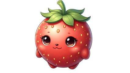 Kawaii Strawberry Cartoon Character with Big Eyes and Cute Smile, Happy Fruit Mascot Isolated on White