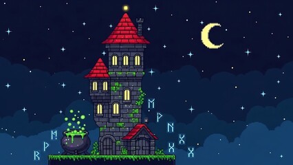 Fototapeta premium Pixel art castle under starry night.