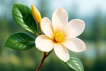 Obraz premium Close-up of elegant white flower with yellow center and green leaves in soft natural light on blurred forest background. Ai generative.