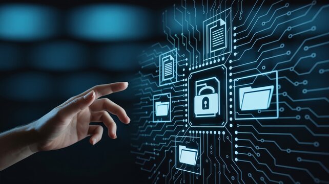 Hand interacting with digital security interface on futuristic circuit board - Powered by Adobe
