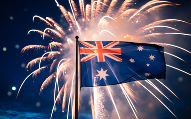 Celebrating Australia Day with vibrant fireworks and the iconic Australian flag waving proudly in the night sky, a patriotic scene
