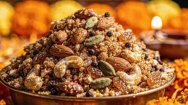 A Delicious Bowl of Chikki Sweet Snack Overflowing with Nuts Seeds and Spices Surrounded by Vibrant Marigold Flowers and Lit Diyas for a Festive Indian Celebration