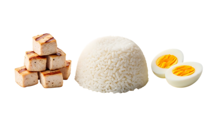 Grilled chicken meat with rice and boiled egg transparent background