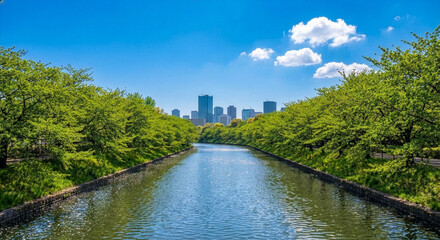 Fototapeta premium Vibrant summer urban landscape with fresh green trees and river in Japan - Four seasons series