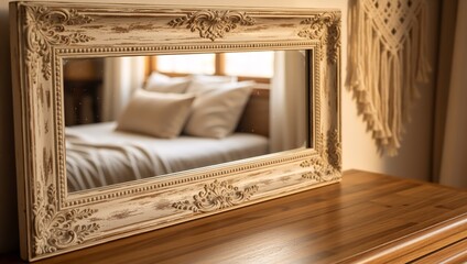 A massive mirror in a carved white frame with a patina sits on a wooden dresser; a cozy bedroom is visible in the reflection, embodying a vintage decor and classic interior concept.