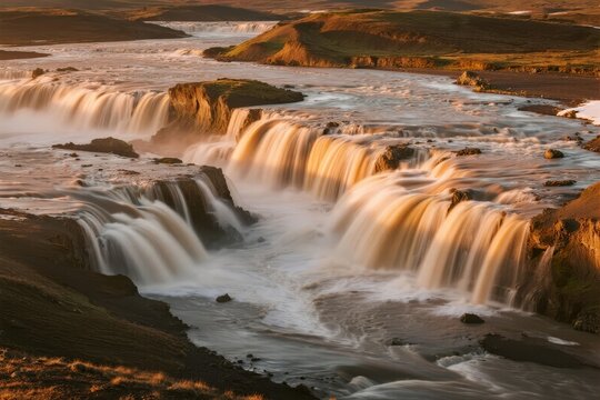 Sunlit waterfall cascading over rocky terrain in a natural river landscape - Powered by Adobe
