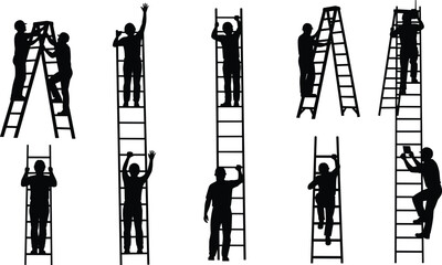 Workers on ladders silhouettes showing climbing, working at height, construction safety, maintenance tasks, teamwork, and professional labor activities in black silhouette illustration © Ideasy Mind