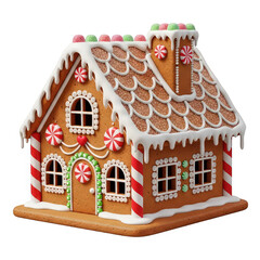 Decorated gingerbread house with icing and candy on a Transparent background, holiday baking concept with peppermint candies and candy canes, christmas dessert