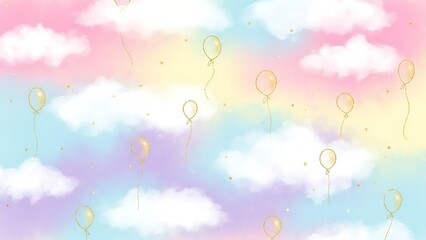 Whimsical pastel sky with clouds and balloons.