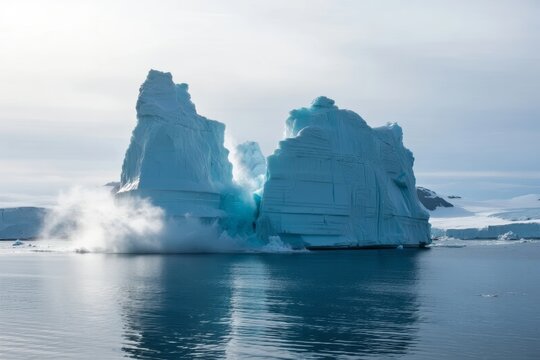 Massive iceberg calving in polar waters, releasing mist and ice fragments into the calm sea - Powered by Adobe