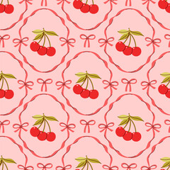 Seamless pattern with cherries, bows, and ribbon frames. Vector graphics.
